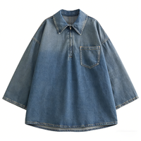 Robes pour femmes en denim bleu délavé, col chemise, demi-zip, poches, coupe oversize, manches longues, mini, décontractées, respirantes, style streetwear