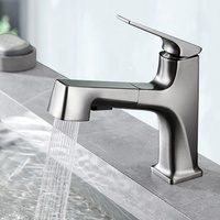 Robinet de lavabo de salle de bain moderne à poignée unique et à trou unique, en laiton gris canon, avec bec extractible, mélangeur d'eau chaude et froide, avec noyau de valve en céramique