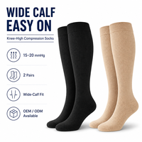 Calcetines de compresión hasta la rodilla para pantorrillas anchas 15-20 mmHg, fáciles de poner, juego de 2 pares, logotipo personalizado, OEM, ODM, venta al por mayor
