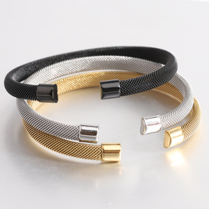 Stainless Steel Mesh <b>Cuff</b> <b>Bracelet</b> 7MM Elastic Geometric Design Unisex Fashion Jewelry Gold <b>Silver</b> Black Color Options - Product Image 1