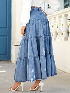 <span class=keywords><strong>Jupe</strong></span> <span class=keywords><strong>Longue</strong></span> <span class=keywords><strong>Maxi</strong></span> en Jean Délavé Bleu Clair, <span class=keywords><strong>Taille</strong></span> <span class=keywords><strong>Haute</strong></span> Boutonnée, Longueur Cheville, Motif Lotus pour Femme - Product Image 6