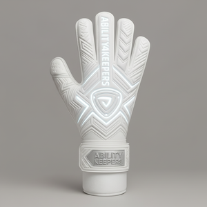 Gants de gardien de but blancs de qualité supérieure avec design de revers futuriste argenté et bleu en relief avec poignée extérieure en latex de caoutchouc - Product Image 1