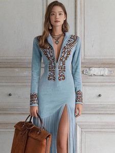 Vestido Vaquero Occidental para <span class=keywords><strong>Mujer</strong></span> con Cremallera, Bordado Floral Vintage y Flecos Largos, Ajuste Delgado, Colección 2026 - Product Image 2