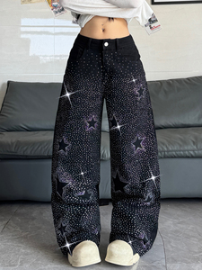 Jeans en denim à <span class=keywords><strong>taille</strong></span> <span class=keywords><strong>haute</strong></span> et jambes larges pour femmes, <span class=keywords><strong>coupe</strong></span> ample avec embellissement papillon en cristal - Product Image 5