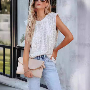 Women <b>Sequin</b> Sleeveless Camisole V Neck Loose Fit Casual <b>Top</b> Breathable Polyester T Shirt 3D Effect Flowy Style - Product Image 1