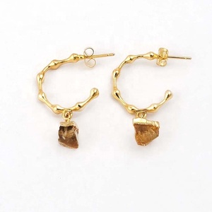 Natural Citrine Raw Gemstone Earring Gold <b>Plated</b> Hoop Style Stud Earring Jewelry Fancy Shape Raw Citrine Minimalist <b>Jewellery</b> - Product Image 1