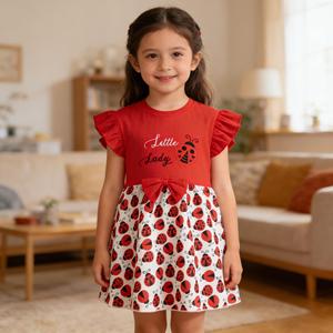 <span class=keywords><strong>Vestito</strong></span> da Bambina con Motivo <span class=keywords><strong>Coccinella</strong></span> Rossa, 100% Cotone, Maniche a Volant, Fiocco e Ricamo Applicato - Product Image 1