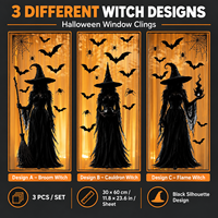 Autocollants statiques réutilisables pour fenêtre, motif sorcière d'Halloween, 3 pièces, 30x60cm, pour décorations de salle de classe, bureau, école