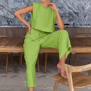 Cotton Linen Shoulder Padded Sleeveless Side Tie <b>Top</b> With Pocket Wide Leg Pants Women's Casual 2 Piece Set Fashion - Product Image 5
