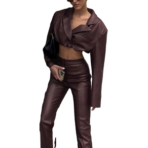 Autumn/Winter New Sexy Collared Crop Top With High-Waisted PU Leather <b>Trousers</b> Two-Piece Set for Women Fashion - Product Image 2