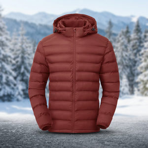 Red Breathable Long Solid Color Hooded Full Sleeve Zipper Closure Winter Warm Polyester Jacket - Product Image 3