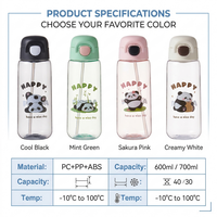 Bouteille d'eau portable pour enfants 700 ml en polycarbonate avec paille, motif panda mignon, pour l'école et les activités de plein air