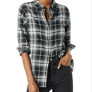 Damen Flanell Plaid Shirt Langarm Übergroße Casual Button Down Bloueses Tops Shacket