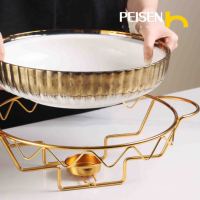 Plat de service rond en céramique avec couvercle en verre et support doré, chauffe-plat de buffet à bougie chauffe-plat, plat de service cannelé en porcelaine
