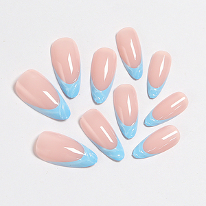 <span class=keywords><strong>Faux</strong></span> ongles classiques français longs en amande nude avec pointe bleue, personnalisables pour les professionnels, directement de l'usine - Product Image 2