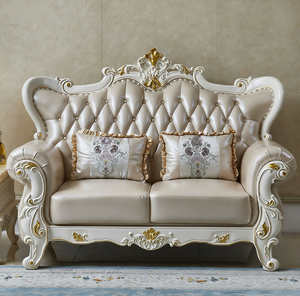 Ensemble de canapés en cuir véritable de style européen, cadre en bois massif, chaise longue sculptée double face, canapé de salon - Product Image 2