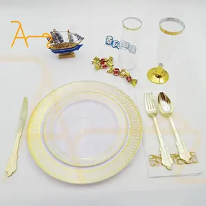 Restaurant party table decoration dinnerware plastic plates gold rim disposable dinner plate wholesale other tableware