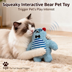 Jouet à mâcher couineur en peluche ours bleu clair mignon pour animaux de compagnie - Velours ananas avec oreilles rouges et nœud papillon noir pour petits et moyens animaux de compagnie, usage quotidien décontracté - Product Image 3