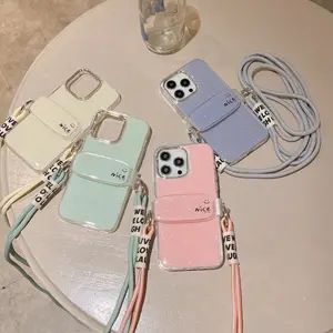 Hot Sale Candy Colored Smiley Face with Crossbody Rope on the Back Phone Case For iPhone 13 14 15 Pro max