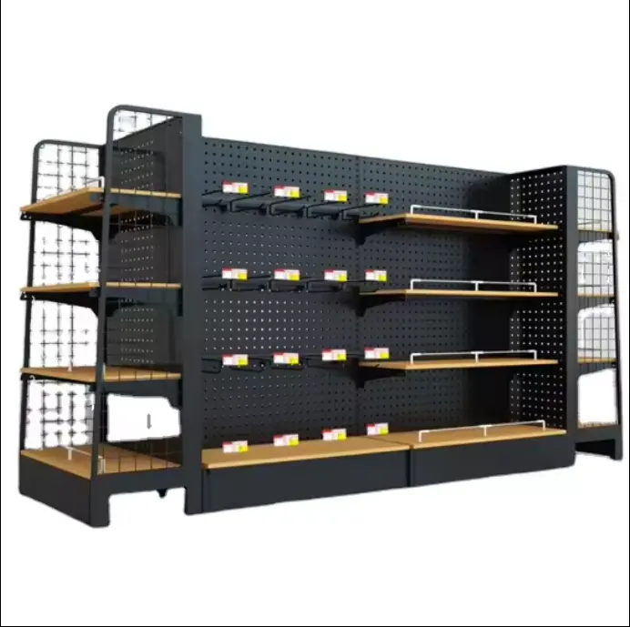 wooden supermarket Steel wood grain combined Display store shelves retail shelf grocery rack single double side