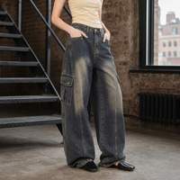 Jeans Cargo da Donna in Denim Pesante Tinto Effetto Fango, Estetici Grigio Antracite a Gamba Larga con Multi-Tasche