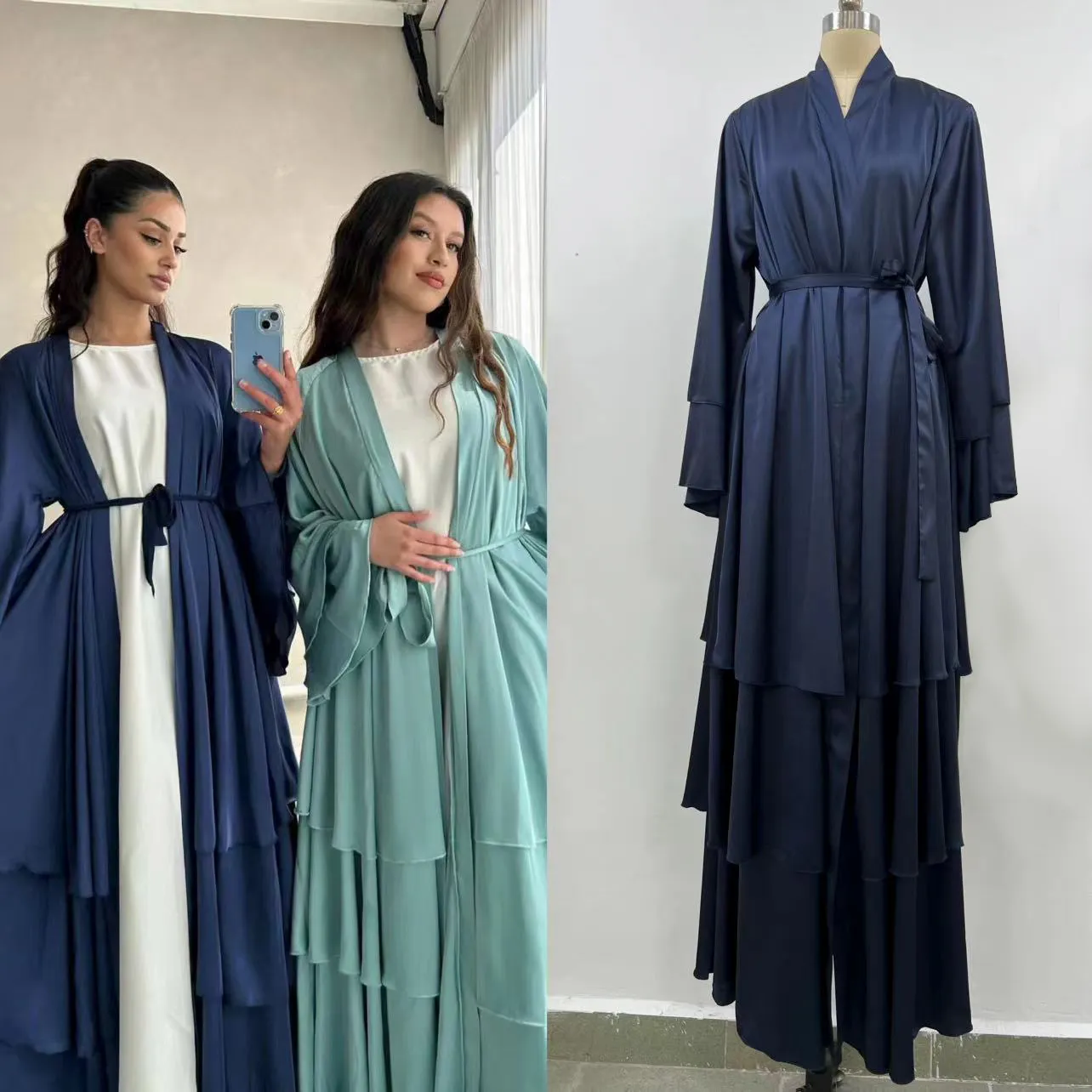 Abaya de cetim elegante, modesto, grande, 3 camadas, aberto, vestido muçulmano tradicional para mulheres, novo design, 2024, novidade para Eid, desenho tradicional