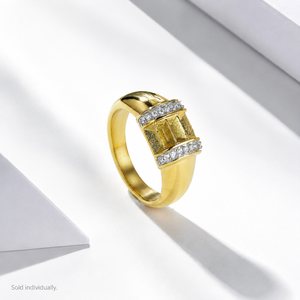 Textured Geometric <b>Ring</b> <b>Stainless</b> <b>Steel</b> 14K Gold Vacuum Plated Band with Rectangular Panel and Clear Zircon Borders - Product Image 1