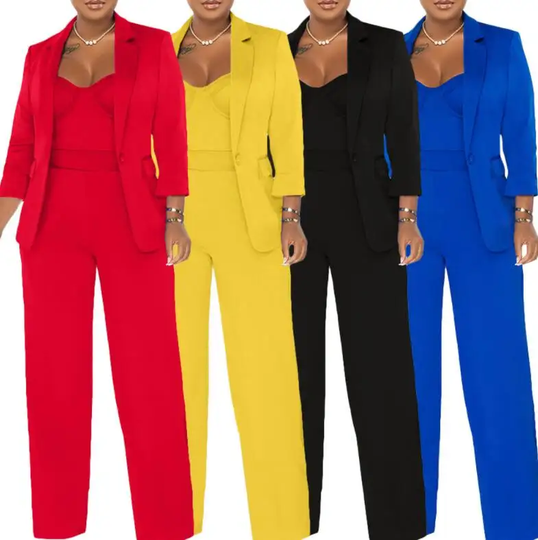 Roupas femininas por atacado 2024 novo terno de cor sólida jaqueta + macacão com suspensório conjunto de terno feminino de três peças