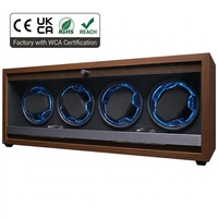 Kotak Penggulung Jam Otomatis 4 Slot Mewah, Bingkai Kayu MDF dengan Papan Interior ABS, Lampu LED Biru Motor Senyap untuk Memajang Jam