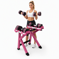Ensemble d'haltères en fonte recouvertes de caoutchouc rondes roses et noires avec support pour exercices corporels, réglables de 7 à 20 kg