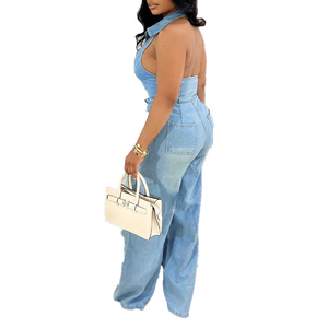 Mono vaquero largo con cuello Sexy para mujer, informal, <span class=keywords><strong>de</strong></span> verano, listo para <span class=keywords><strong>fiesta</strong></span>, Color sólido, estación independiente transfronteriza, con fugas en la <span class=keywords><strong>espalda</strong></span>, nuevo - Product Image 5
