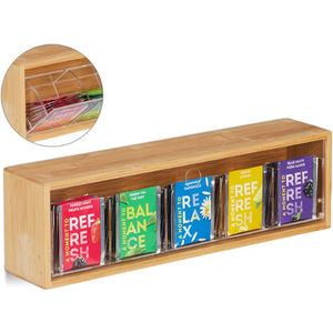 Flavour Protection Wall-Mounted 50 Sachets wooden Tea bag Organizer 5 Compartments Bamboo Tea Box With Transparent Lid