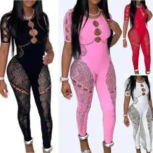 NN0026 one piece rompers rhinestone new arrival 2024 spring womens clothing see through mesh sexy bodycon solid jumpsuits women