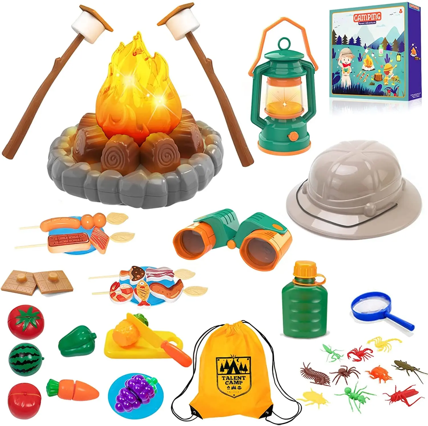 Conjunto de brinquedos para acampamento, conjunto de brinquedos ao ar livre e dentro de casa para crianças fingir jogar simular as atividades reais de acampamento