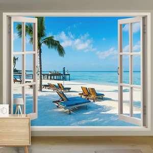Moderno 3D paisaje ventana decoración bosque Natural playa simulación colgante tela pared Mural para habitación Fondo 3D Natural - Product Image 1