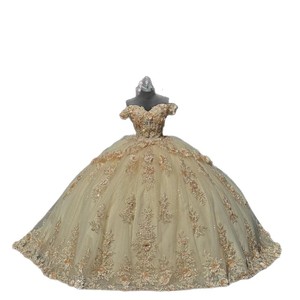 Champagne Off The Shoulder Prom Dress Ball Gown Applique Floral Print Adult Women's Formal Party Dress - Product Image 5
