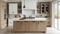 CBMMart Armoire de cuisine en chêne blanc en bois massif en forme de L Villa Cascade Île de marbre avec panier Armoires de cuisine au design moderne