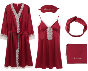 Nuevo Modelo, 5 Piezas, <span class=keywords><strong>Bata</strong></span> de Satén Transpirable, Suave, con Encaje Rojo, Sexy, Lujosa, Elegante, Cintura Elástica, Logotipo Personalizado, para <span class=keywords><strong>Mujer</strong></span>, Primavera y Otoño - Product Image 5