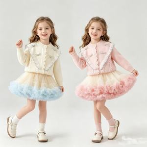Ensemble de pulls pour filles, automne-hiver, style coréen, tendance, couleur unie, <span class=keywords><strong>petite</strong></span> fille, jupe en <span class=keywords><strong>maille</strong></span> bouffante, ensemble princesse deux pièces - Product Image 1