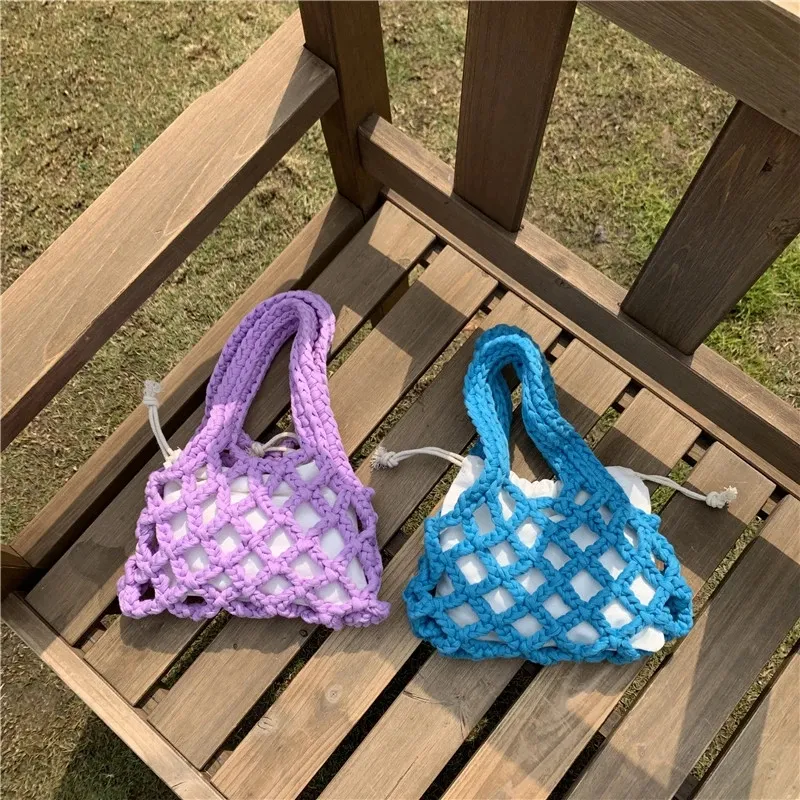 Summer Bright Colour Cotton Rope Woven Women's Handbag 2 Piece Mesh Hollow Out Small Bucket Bags Design Bohemian Beach Bag