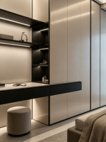 Armoires XINGRUO, meubles de chambre à coucher, armoire intégrée crème avec bureau flottant et étagères LED pour maison moderne