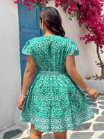 Robe Courte Fluide Décontractée à Imprimé Tropical Grande Taille Col V Manches Courtes Taille Smockée Coupe Trapèze pour Tous les Jours et Tenues Urbaines