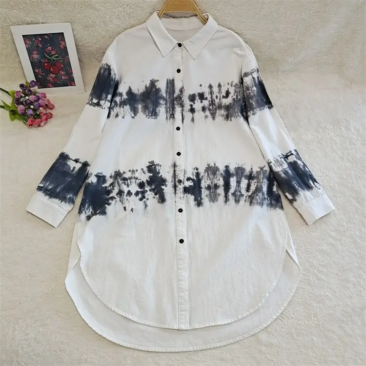 Women Blouses Shirts 2022 Spring Cotton White Tie Dye Long Sleeved Casual Blouse For Women