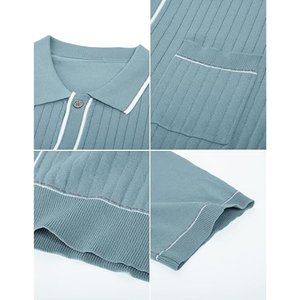 Chemise décontractée tricotée pour homme à manches courtes, col rabattu, bordure contrastante côtelée, anti-rétrécissement, simple boutonnage, idéale pour l'été - Product Image 6