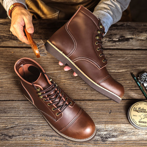 Botas de Motero Retro Americanas de Cuero Vacuno para Hombre, Botas de Trabajo Casuales de Caña Alta con Punta Redonda y Suela Gruesa, Calzado para Exteriores - Product Image 2