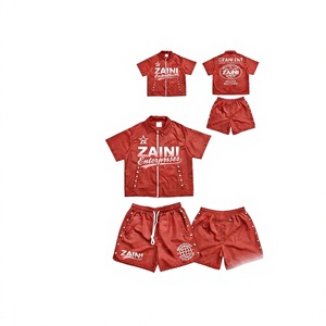ZAINI 280 GSM Premium Polyester Breathable Men's Summer Casual T Shirt and Short Set <b>Red</b> Custom Embossed Logo Sportswear OEM ODM - Product Image 1