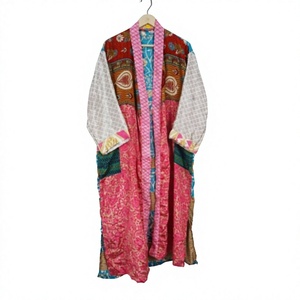 Robe longue pour femme en soie tricotée à la main, patchwork, col en V, fermeture à cordon, manches longues, douce, respirante, séchage rapide, pour la détente - Product Image 1