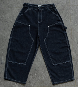 Çift diz sokak giyim boy ağır kırmızı kenar Denim erkek Denim geniş bacak Baggy kot Vintage ham Denim Indigo mavi - Product Image 1