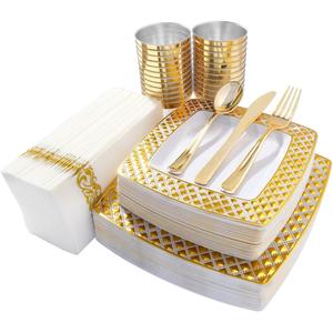 Gold Plastic Dinnerware Diamond Square Plates Dinner Dessert Plates,Gold Disposable Knives,Forks, Spoons,Cups And Napkins