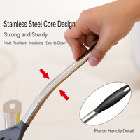 Set Peralatan Masak Silikon Inti Baja Tahan Karat dengan Gagang Plastik, Spatula Tahan Panas, Sendok Sup, Peralatan Masak Anti Lengket
